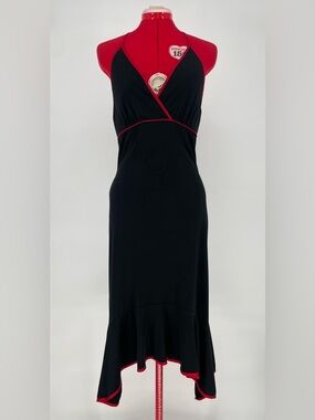 Y2K High Low Hem Rockabilly Halter Top Midi Dress Black W/ Red Satin Trim & Ties